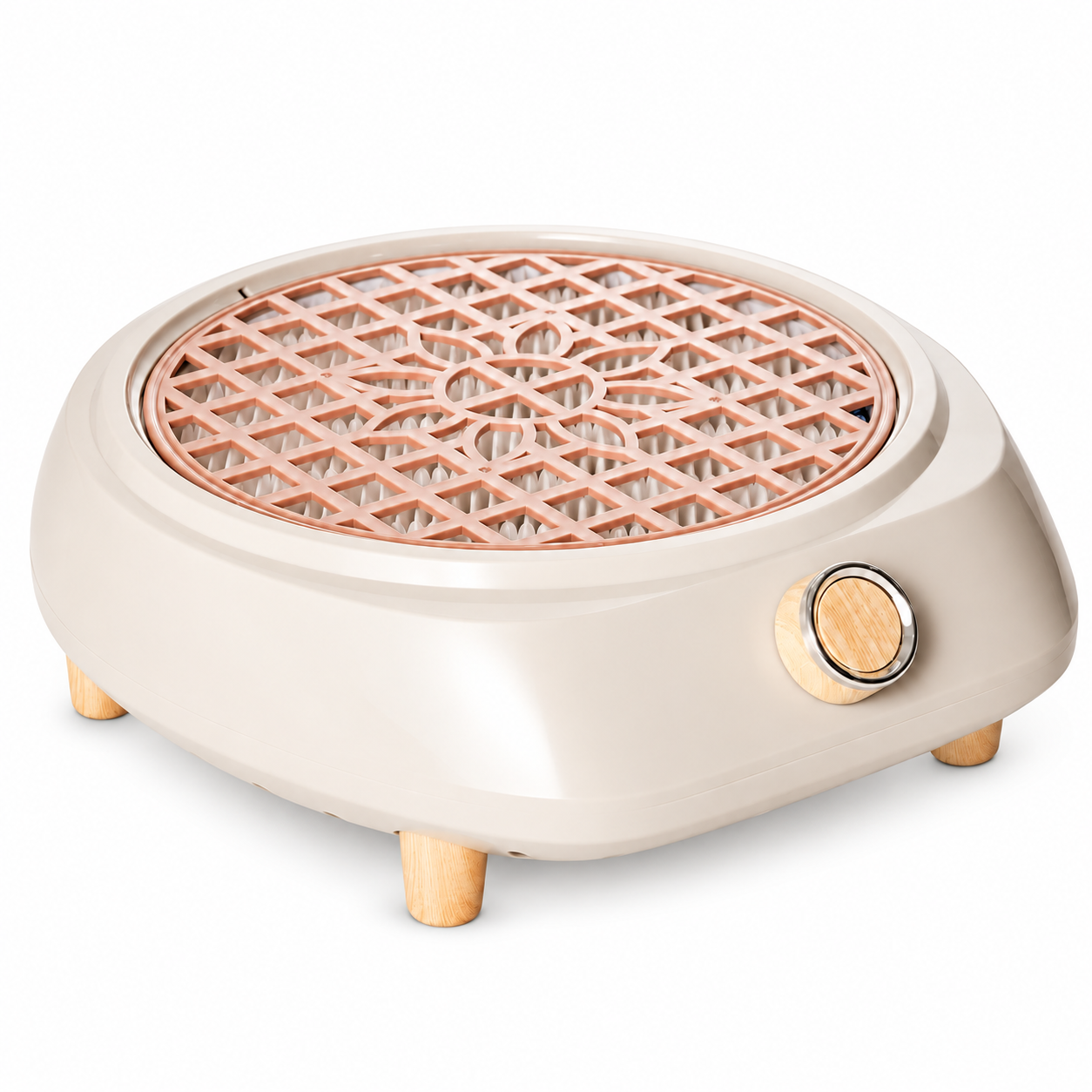 Aspirator de manichiură BLUEQUE BQ-858-15, crem, cu grilă roz-pudră cu motiv floral și buton frontal pentru reglarea aspirației.
